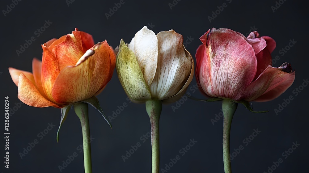 Aufkleber create a compelling image depicting the time-laps of three tulips in a row with vibrant colors and a
