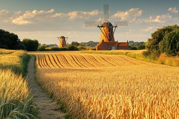 Fototapeta premium Picturesque Dutch countryside featuring traditional windmills standing tall amidst golden wheat fields, bathed in the warm light of a summer evening at sunset.