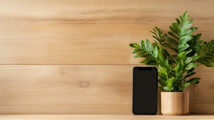 A smartphone displaying a black screen, positioned elegantly on a wooden desk with lush plants, merging technology aesthetics with the allure of nature in a modern environment.