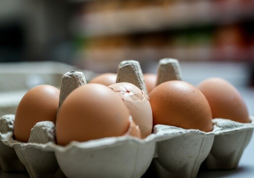 Close-up of broken egg in carton among intact brown eggs in grocery store