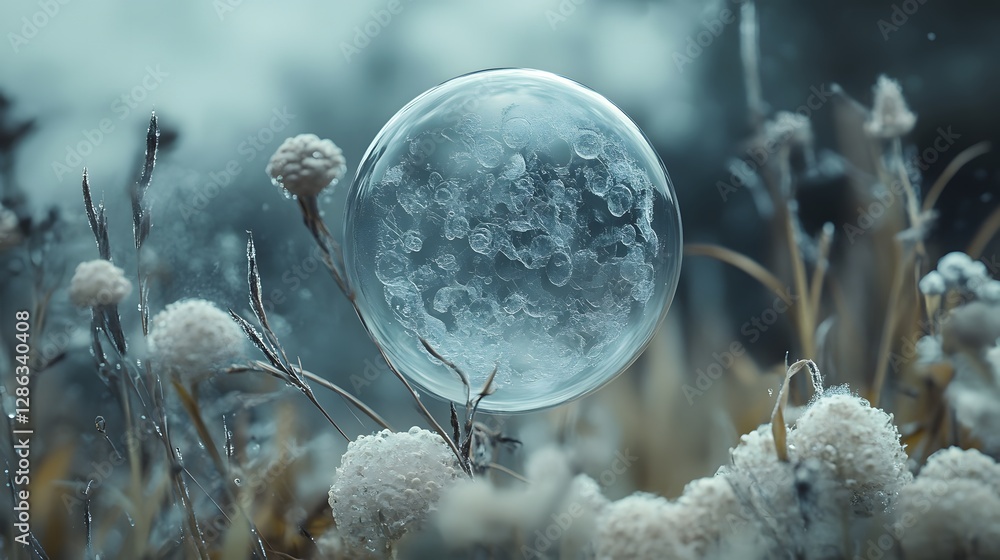 Poster a delicate image capturing a single bubble floating gracefully above vibrant flowers in a serene nat