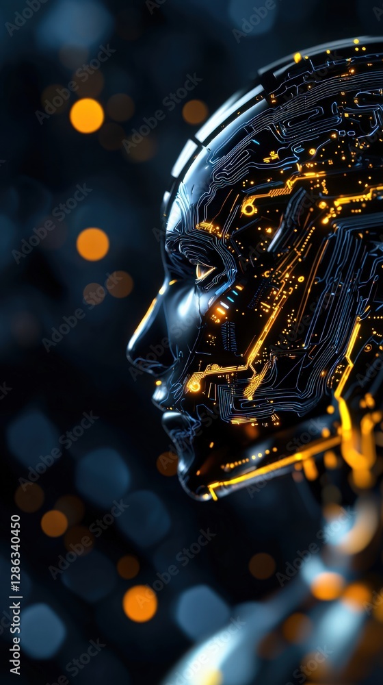 Poster futuristic robot head profile with glowing circuitry and neon background