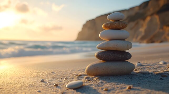a serene image of precariously stacked stones on a beach during a sunset with warm colors reflecting in the calm ocean waves surrounding them 