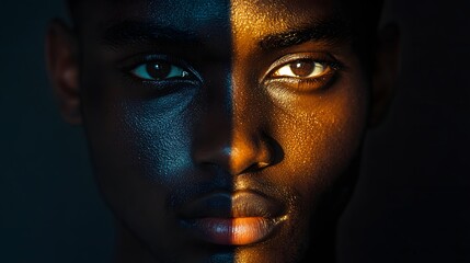 a man with black skin and captivating blue eyes in an artistic portrait style 