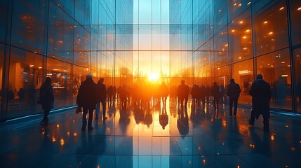 Cityscape Sunset Crowd Walking Modern Building