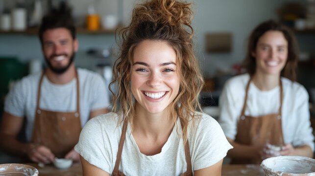 A joyful pottery class featuring three individuals showcasing their creativity. The atmosphere is warm and vibrant, filled with laughter and artistic energy.