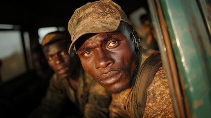 Obraz premium In this powerful image, soldiers within a military vehicle gaze determinedly into the distance, embodying a sense of vigilance and the intensity of their experiences.
