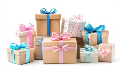 Obraz premium Colorful gift boxes with ribbons on white for celebrations