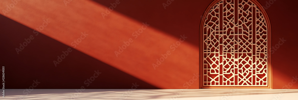 Poster geometric design on a rust-colored wall with sunlight, creating a striking and inviting space with w