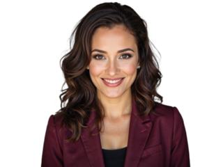 A woman with long brown hair wearing a red blazer poses against a transparent background