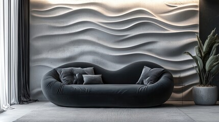 Modern Interior Design: Sleek Black Sofa against a Wave-Textured Wall