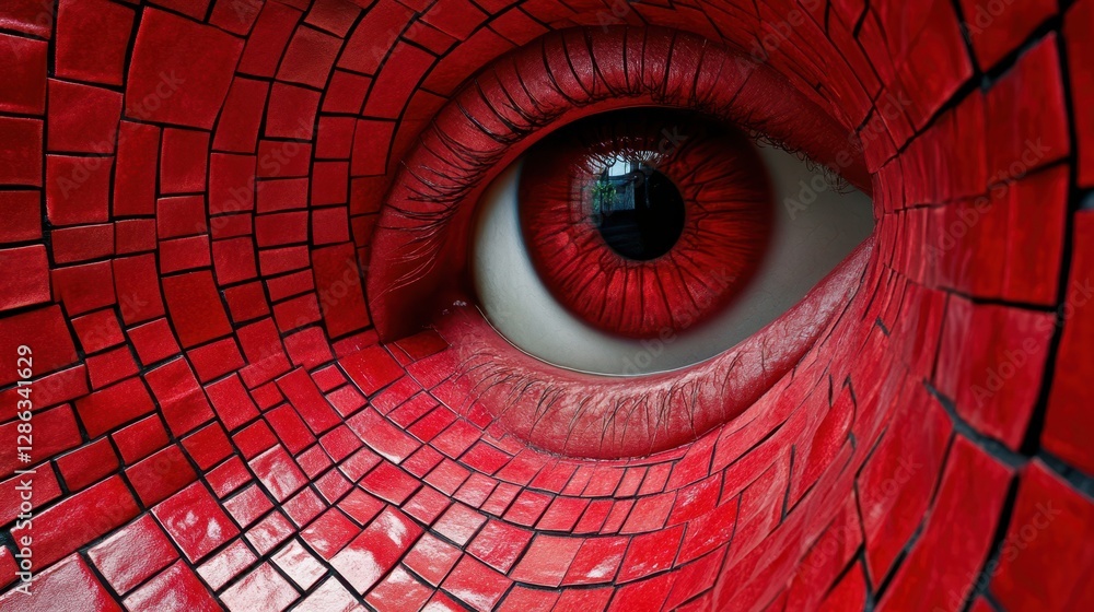 Poster a striking red eye is embedded in a vibrant red tiled wall, creating a bold and intriguing visual co