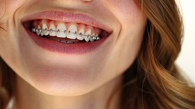 Smiling woman with ceramic braces: confidence and dental care in closeup frames