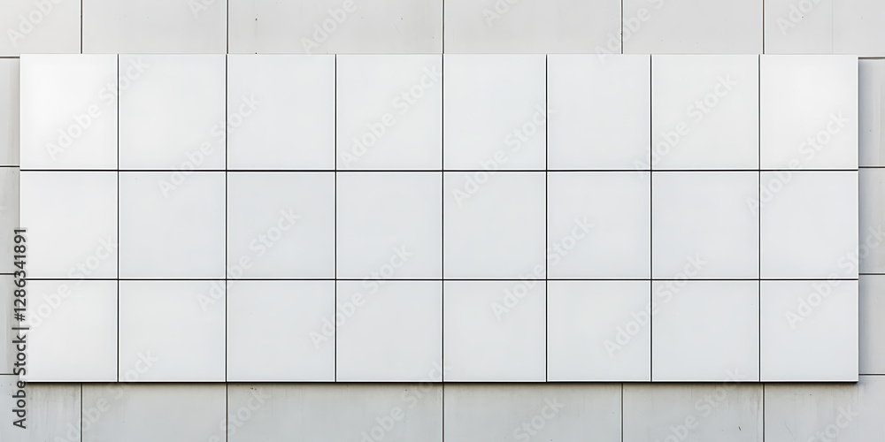 Poster a minimalist wall of square, white tiles forming a rectangular pattern, creating a clean and modern 