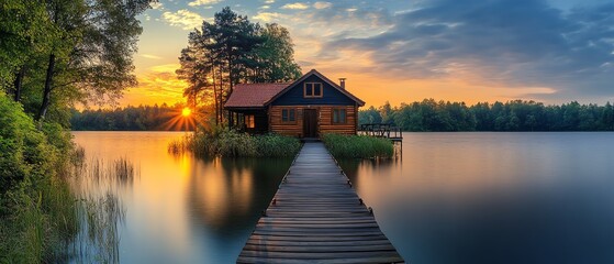 Fototapeta premium Charming lake house by a calm lake, dock reaching into the serene water, vibrant sky and lush green surroundings, peaceful and relaxing atmosphere, highdefinition shot