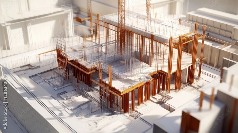 Aufkleber aerial view of building under construction, showing steel framework and concrete structure.