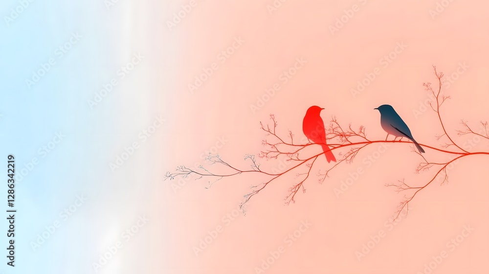 Poster silhouette of two birds on a branch against a gradient background