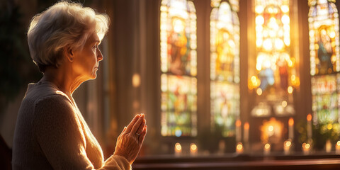 Beautiful Christian senior lady praying over candles in church. Retired woman worship with her hands folded. Believer in Christ.