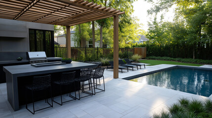 A beautifully crafted backyard patio with a built-in BBQ station, a sleek grey stone counter, and elegant black seating. The wooden pergola provides shade, while the adjacent pool