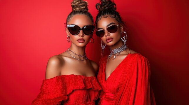 A glamorous and bold image of two fashionable women wearing elegant red dresses and sunglasses, showcasing elegance and confidence while standing against a striking red backdrop.