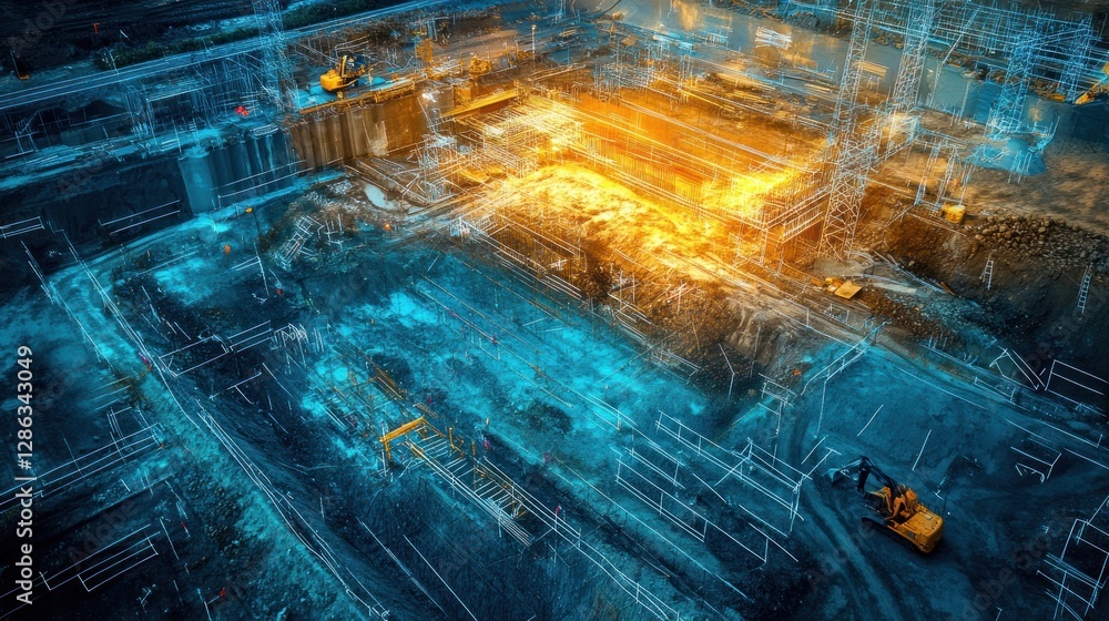 Poster aerial view of construction site with digital overlay showing blueprints and progress.
