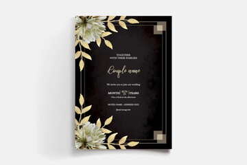 WEDDING INVITATION FRAME WITH FLOWER DECORATIONS AND FRESH LEAVES 