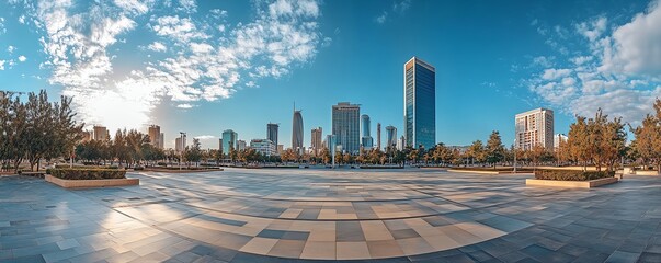 Fototapeta premium Empty square in an urban setting with panoramic skyline view, modern cityscape, clear skies, space for creative copy or branding, wideangle urban shot, highresolution image