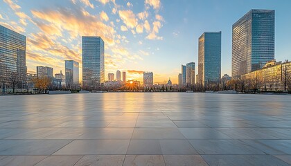 Obraz premium Empty square in the heart of a vibrant city, panoramic skyline in the background, contemporary buildings, bright sky, open space for design or text, highresolution image