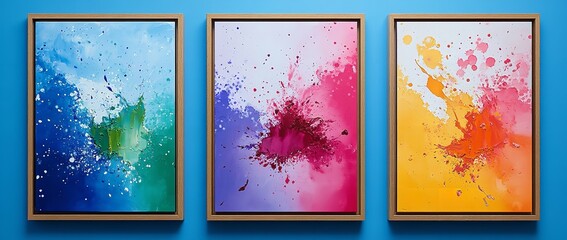 Three vibrant splatter paintings in different colors, framed on a blue background, showcasing abstract art