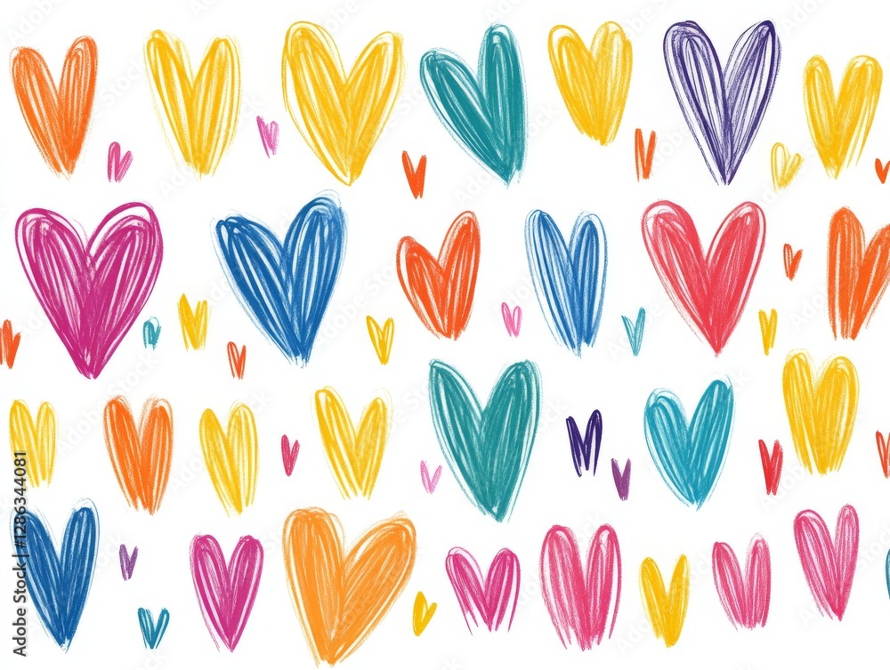 Poster colorful hand drawn seamless pattern of vibrant sketched hearts in various shapes and sizes creating