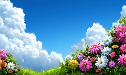 Obraz premium Vibrant wildflowers in pink, white, and yellow bloom against a bright blue sky with fluffy white clouds. Lush green grass forms a base for the