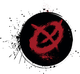 Spray splash red crossed circle on black background. Vector design STOP sign hand drawn brush, prohibition sign icon