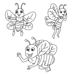Cute cartoon hand drawn vector set of queen bees coloring page.