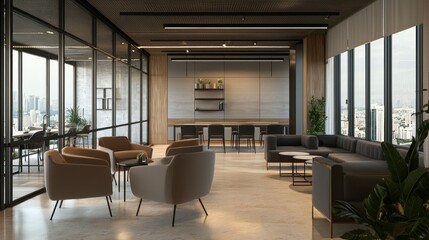 Fototapeta premium Modern Office Lounge with Panoramic City View
