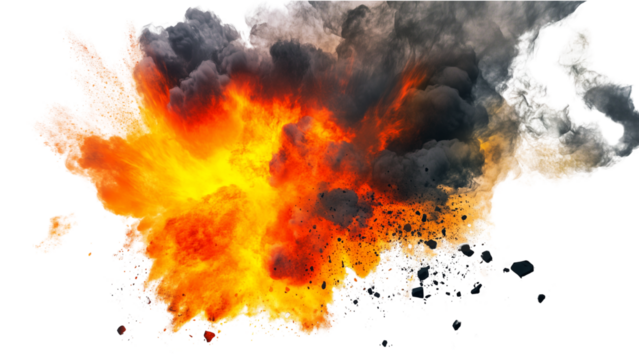 A fiery explosion with bright orange, red, and yellow flames erupting outward in a dramatic burst, with smoke billowing in dark gray and black, against a transparent background