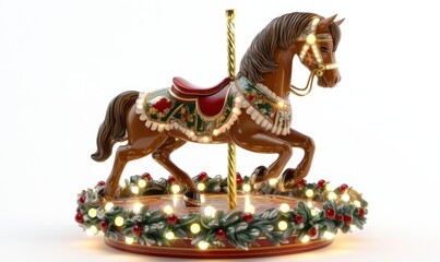 Festive carousel horse ornament with lights on white background, holiday decor