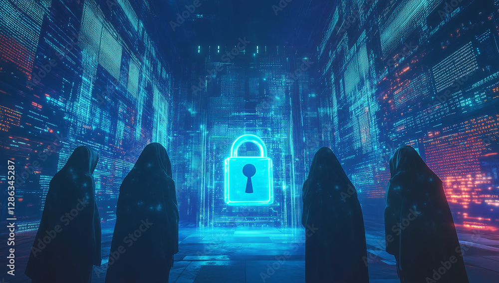 Aufkleber cyber security anonymous figures contemplating digital lock in data stream