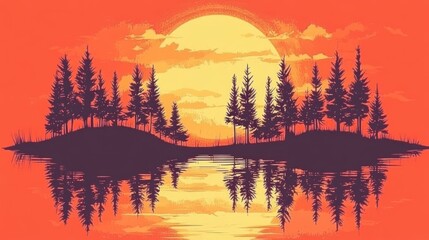 Obraz premium Sunset Over Forest Lake with Tree Silhouettes and Water Reflection