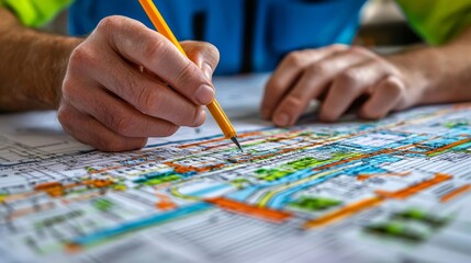 A civil engineer examines city blueprint for water management systems. 