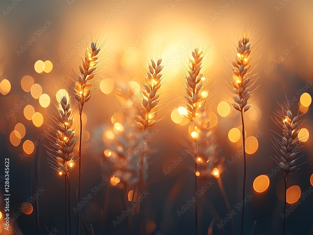 Poster glowing wheat heads swaying in the wind with soft bokeh lights