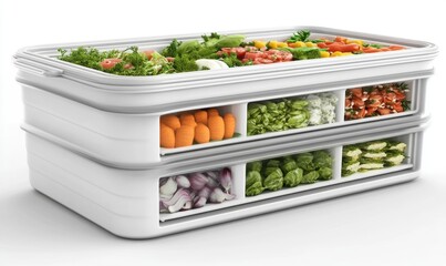 Fresh chopped veggies stored in white organizer container on white background