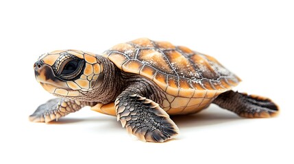 Obraz premium A Small Sea Turtle Walking Across a Bright White Background
