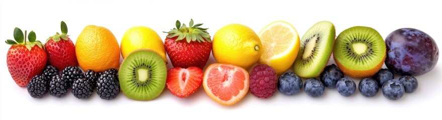 Vibrant assortment of fresh fruits arranged in a row against a white background. Includes strawberries, oranges, lemons, kiwi, blueberries