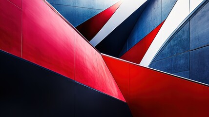 Fototapeta premium A modern abstract composition featuring precise red and blue triangles, sleek black curves that flow seamlessly, and splashes of white adding texture and contrast.