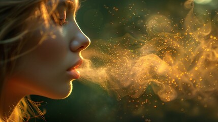 side profile of a person exhaling with golden light particles and mist illuminated by sunlight creating a magical and ethereal atmosphere.