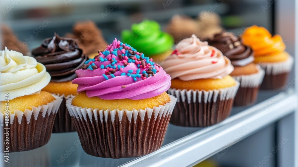 Poster Assortment of colorful cupcakes with various frostings and sprinkles displayed in a glass case. Close up view showcasing texture and detail