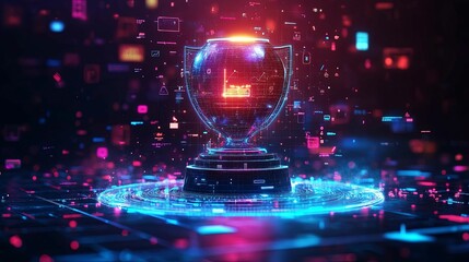 Digital Trophy Represents Data Achievement And Success