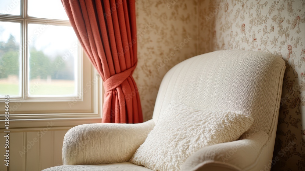 Poster a white chair adorned with a pillow is positioned in front of a window, creating a serene and inviti