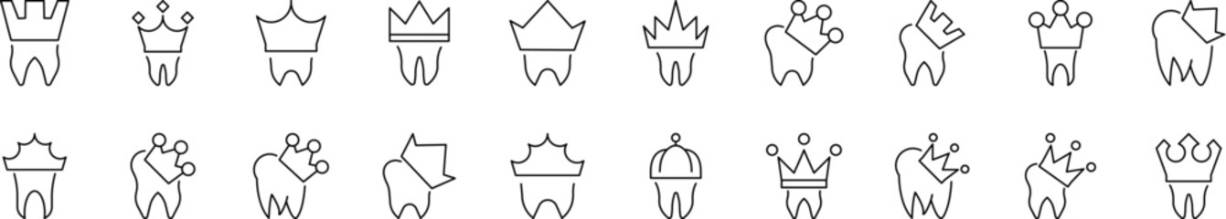 Dental Crown Line Icon Set. Outline Signs for Graphic and Web Design, Apps, Adverts, Various Cards