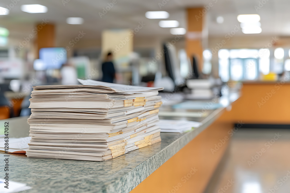 Aufkleber pile of documents: a tall stack of papers with tabs on a countertop. office setting with blurred bac